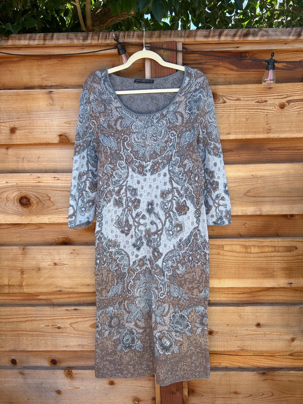 Peruvian Connection Blue 100% Pima Cotton Knit Jacquard Print Midi Dress XL